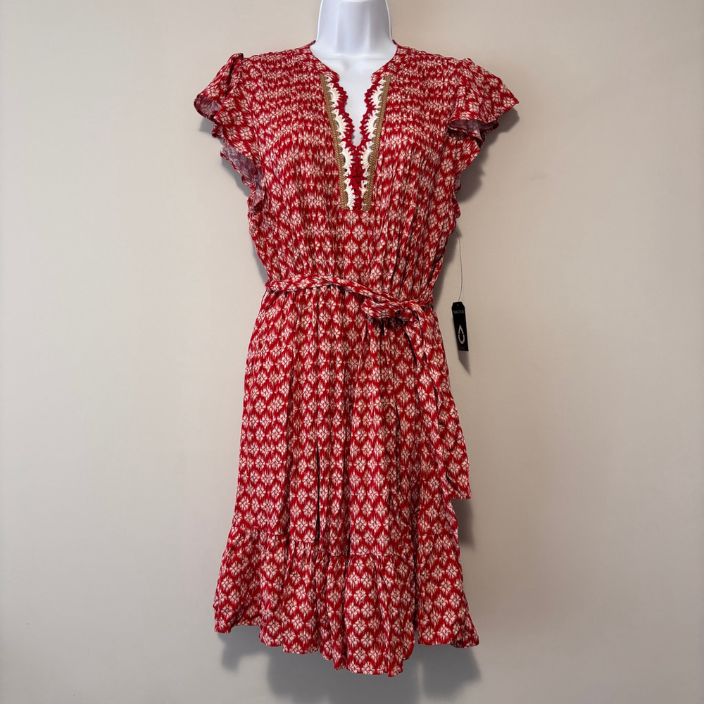 Nautica Jeans Women's Medium Red Crochet-Trim Flutter-Sleeve Mini Dress NWT - Picture 2 of 4